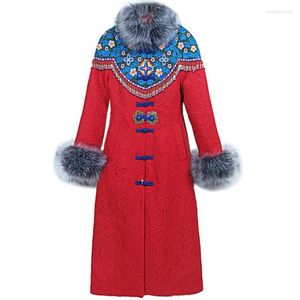 Women's Trench Coats 3X!2023 Winter National Style Embroidered Cotton-padded Jacket Women Slim Waist Long Fur Collar Thickening Warm Coat