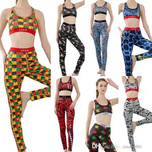 Varumärke Kvinnor Tracksuits Två stycken Yoga Bh Set Sexig Crop Top Vest Patchwork Shark Camo Printed Fitness Sports Suit