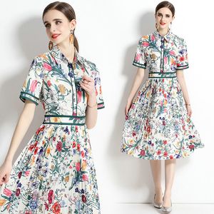 Vestido feminino floral de manga curta vestido boutique 2023 vestido estampado plissado de alta qualidade elegante vestido floral plissado OL vestidos de passarela