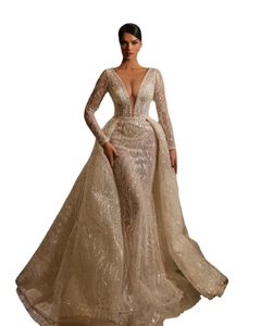 Luxury Mermaid Wedding Dresses Bridal Gowns With Detachable Train African Sequined Vestidos Long Sleeve Wedding Dress