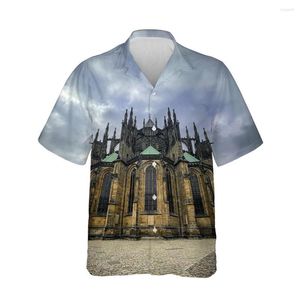 Camisas casuais masculinas Jumeast 3D Roupas góticas Blusas estilo castelo com botão para cima Camisa masculina larga folgada manga curta para homens Cardigã