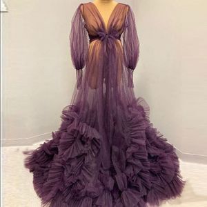 紫色のチュールマタニティプロムドレス長袖フリルボールガウン花嫁ローブカスタムメイド妊婦写真