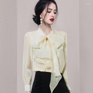 Kvinnors blusar Temperament Sweet Bow Tie Chiffon Shirt for Women Spring 2023 Fashion Office Ol Vintage Elegant Lady Blus tops Female