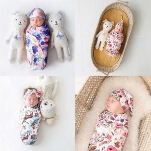 أكياس نوم لطيفة شاشلين قبعة بطانية الطفل مجموعة مريحة زهرة طباعة حقيبة حديثي الولادة قماط الدعائم