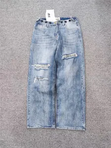 Smala och breda ben med lösa hål, justerbar hög midja tiggarbyxor, trasiga denimbyxor, trendiga kvinnors sommar