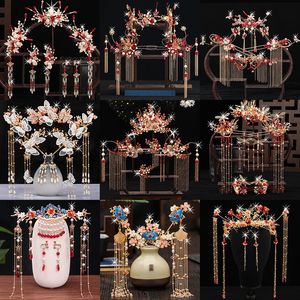 Hochzeit Haarschmuck Vintage Rote Phönix Krone Haarschmuck Handgefertigte Quaste Haarspange Ohrring Set Frauen Haarschmuck Braut Kopfschmuck im chinesischen Stil 230614