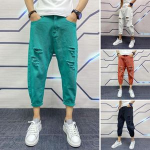 Męskie dżinsy mężczyźni Summer Risped Holes Multi Pockets Slim Fit Hip Hop Solid Kolor Denim Spodnie Męskie ubrania