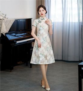 エスニック服セクシーな半袖JACQUARD A-LineCheongsam Oriental Dress Chinese Mandarin Collar Women Daily Qipao