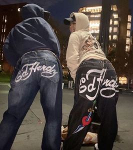 Jeans Ins feminino estampado em linha reta jeans personalidade masculina calças de hip hop feminino punk high street calça de moletom estampada Y2K 230613