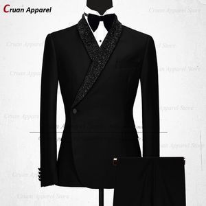 Abiti da uomo Blazer Luxury Formal Black Wedding Suit da uomo Set Slim Fit Groomsmen Groom Tuxedo Disegni bianchi Scialle lucido Risvolto Blazer Pantaloni 2 pezzi 230614