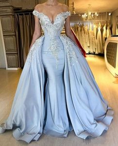 Elegant Satin Mermaid Prom Dresses With Detachable Skirt Crystals Beaded Lace Appliques Formal Evening Gowns For Women 2024