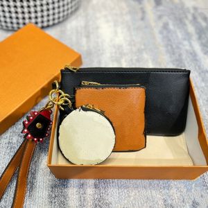 Designers leather small Wallet woman Coin Purse Luxurys Fashion zipper 3 pieces brands Trio Pouch Clutch Bags colors Circle zip wristlet key case wallets with box