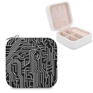 Jewelry Pouches Modern Black And White Cybernetic Circuit Board Pattern Storage Box Mini Leather Double Layer Organizer For