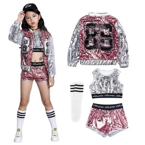 Kleidungssets für 4–14 Jahre Mädchen, rosa Pailletten-Crop-Tops, Shorts, Jacke, Tanzkleidung, Kostüm, Hip-Hop, moderner Jazz-Tanz, Bühnenaufführungskleidung 230613