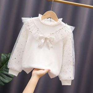 Camicie per bambini 3-12 anni Primavera Autunno Toddler Teen Girls Camicetta di cotone Camicie a maniche lunghe in pizzo con fiocco bianco Pullover per bambini Top Abbigliamento per bambini 230613