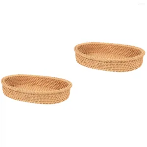 Dinnerware Sets Set 2 Bread Storage Basket Woven Serving Tray Snack Box Hand Home Bamboo Rattan Round Coffee Table