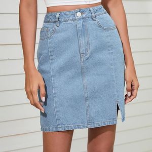 Kjolar kvinnors denim blyerts kjol jean knä längd kvinnans sommarklänningar avslappnad enkel kort ärm t -shirt klänning