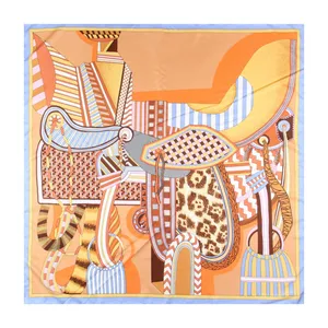 Manual Hand Rolled Twill Silk Scarf Women Saddle Animal Decoration Printing Square Scarves Echarpes Foulards Femme Wrap Bandana Hijab 90CM*90CM Multiple Styles