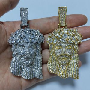 Designer Iced Out CZ Jesus Head Pendant Halsband, guldpläterad, med 13 mm diamant kubansk kedjelänk