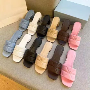 Designers Women genuine Triangle slipper Sandals Flat Slides Flip Flops Summer leather Outdoor Loafers Bath Shoes Beachwear Slippers Black White prad 01