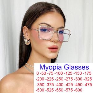 Solglasögon anti blå ljus strass myopia glasögon kvinnor retro dubbla broar metall ram närsynta glasögon vintage fyrkant