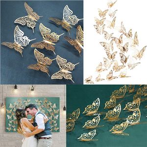 12 PCS Europe Style Champagne Gold Hollow Farterfly Sticker Wall Stickers för barn Rum Hemmur Decal Diy Decor Kylskåp klistermärke