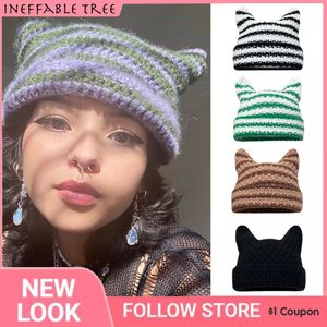 Beanie/Skull Caps Y2K Harajuku Punk Gothic Sticked Cat Ear Ear Ear Little Devil Hat Millennium Women Kawaii Designer Winter Handgjorda Beanie Female Caps 230614