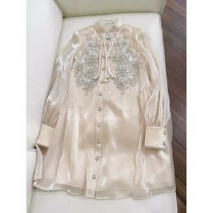 2023 Summer Champagne Solid Color Beaded Dress Long Sleeve Stand Collar Sequins Single-Breasted Mini Casual Dresses J3L127729