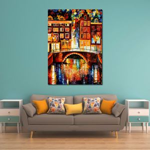 City Life Landscape Canvas Art Amsterdam Little Bridge Hand Painted Kinfe Painting for Hotel Wall Modern