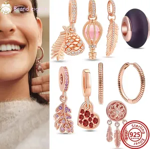 Per pandora charms in argento sterling perline bracciale orecchini a cerchio orecchini in oro rosa piuma fashion charme