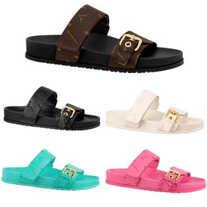 슬라이드 여성 Bom Dia Comfort Flat Sandals 디자이너 럭셔리 고품질 래커 캔버스 가죽 노화 인쇄 크래스 모노그램 슬리퍼