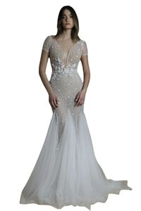 lliz martinez abiti da sposa a sirena con scollo a V in rilievo manica corta in pizzo appliqued backless abiti da sposa abito da sposa robe de marie