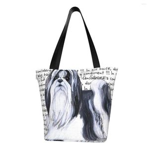 Sacolas de compras reutilizáveis Shih Tzu Dog Lover Bag feminina Bolsa de ombro de lona portátil para cachorro de estimação Compra de mantimentos