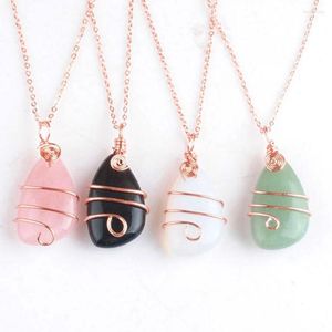 Pendant Necklaces Mixed Color Natural Stone Copper Wire Wrap Dangle Necklace Bead Rose Gold Charms Chain 45cm Women Jewelry IBN437