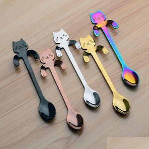 Cucchiai 4 pezzi Mini gattino in acciaio inossidabile per caffè Tè Dessert Bevanda Miscelazione Frappè Cucchiaio Set da tavola Forniture da cucina Drop Dhy7I