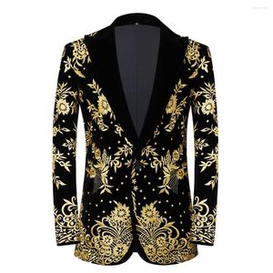 Abiti da uomo Abito da uomo con ricami floreali dorati Giacca da abito Colletto con risvolto Velluto Slim Fit Smoking da sposa Giacca da banchetto Host Costume da festa