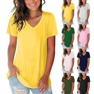 Women's T Shirts Summer Women Shirt Casual V Neck Solid Color Tshirt Short Sleeves Clothes Basic Yellow Pink White T-Shirt