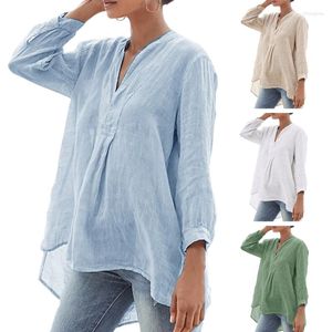 Kvinnors blusar kvinnor sommar 3/4 lykta ärmar linne skjortor veck v-ringning fast färg lösa höga låga hem pullover tunika toppar h7ef