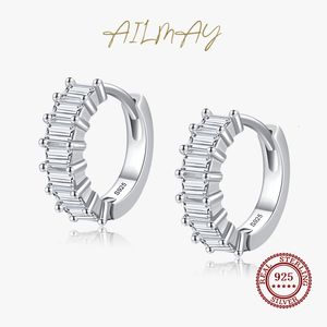 Hoop Huggie Ailmay Fashion Rettangolare Stacked Clear Zircon 925 Sterling Silver Ear Buckles Orecchini a cerchio per le donne Gioielli da sposa romantici 230614