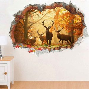 Forest Jungle Wild Deer Leaf Wall Stickers 3D Vivid Wall Decals Poster Mural vardagsrum sovrum heminredning