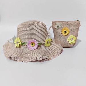 Hats Summer Pink Floppy Straw Hat And Bag With Flowers Wide Brim Kids Sun Protection Beach Fishing Children's Birthday Gift