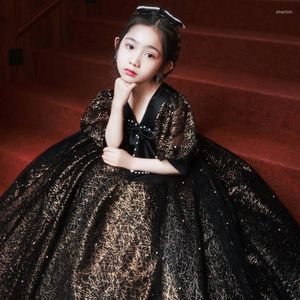 Ethnic Clothing Princess Elegant Short Sleeve A-line Evening Dress Girls Birthday Ball Gown Children Black Pearls Formal Vestidos