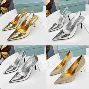 Designer High Heels Studded Metallic Leather Mules Sandaler Stiletto klack Patentläder Guld Sliver Ankel Strap Sandal Pumpar Open-Toes Rhinestone Shoes