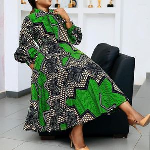 Ethnische Kleidung Plus Größe 3XL Frauen Afrikanisches Kleid Grüner Druck Abendkleider Langarm Formale Party Hohe Taille Abendessen Kaftan