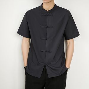 Mens Casual Shirts Chinese Vintage Shirt Men Mandarin Collar Slim Fit Short Hides Silk White Black Tops 230614