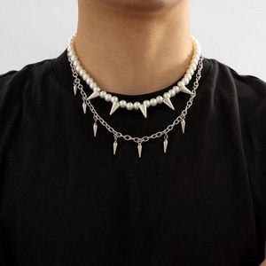 Choker Layered Pearl Beads With Spikes Short Necklace Men Punk Trendy Stainless Steel Chains On Neck 2023 Fashion Jewelry Collar