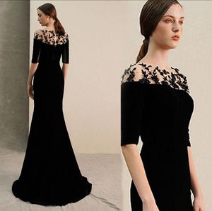 Jewel 1/2 Sleeves Mermaid Mother of The Bride Dresses Satin Court-train Evening Dress With Applique