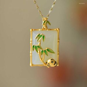 Pendant Necklaces Cute Panda Necklace Square Hetian Jade Stone Enamel Bamboo Leaf Vintage Jewelry For Women Wedding Charm Birthday Gifts