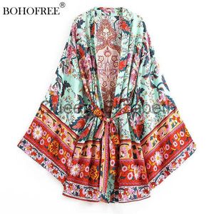 Lässige Kleider Boho Vintage Pfau Blumendruck Schärpen Kimono Frauen Bohemian V-Ausschnitt Fledermausärmel Happie kurze Robe Kimono J230614