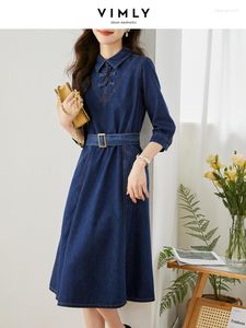 Casual klänningar Vimly Chinese Style Denim Dress for Women 2023 Spring Fashion A Line Slim Belt Midje Big Swing Midi Female Vestidos